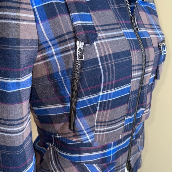 Le Chateau Blue and Brown Blazer with Plaid Pattern Tartan Biker Rocker - Picture 10 of 16